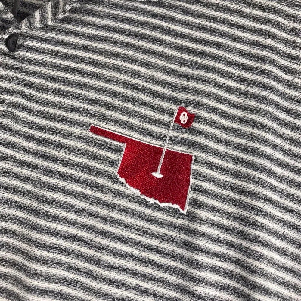 Nike Tiger Woods Golf Polo Shirt Mens XL Grey Striped Oklahoma OU Logo